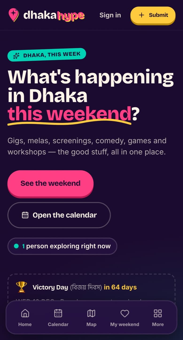 DhakaHype, a client project. We designed, built and wrote it., on a phone